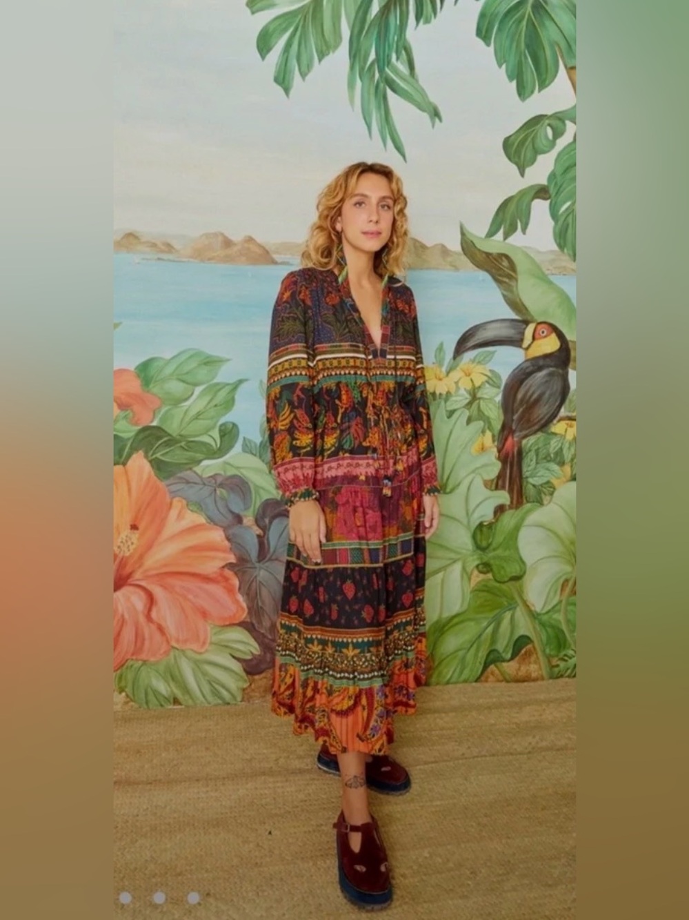 FARM Rio Multicolor Botanical Print Tiered Maxi Dress